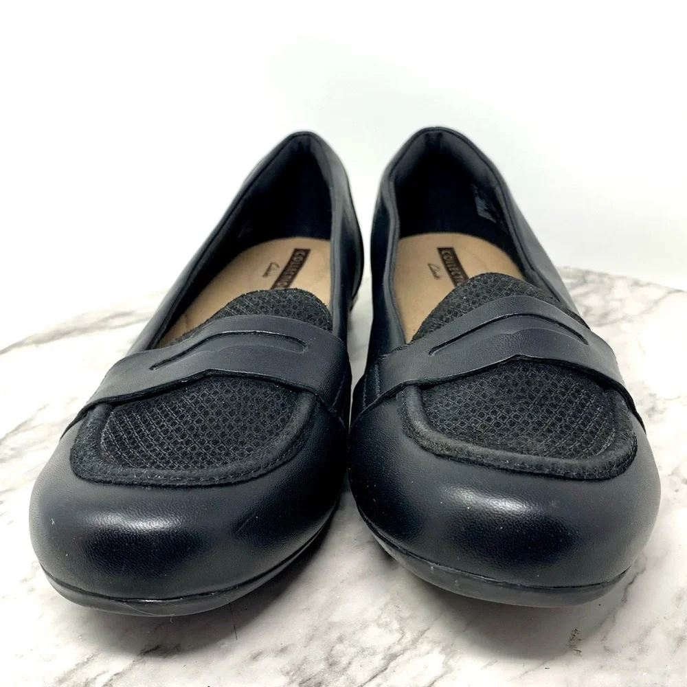 Clarks Kinzie Willow Textured Black Leather Loafers 8 Comfort Preppy Classic